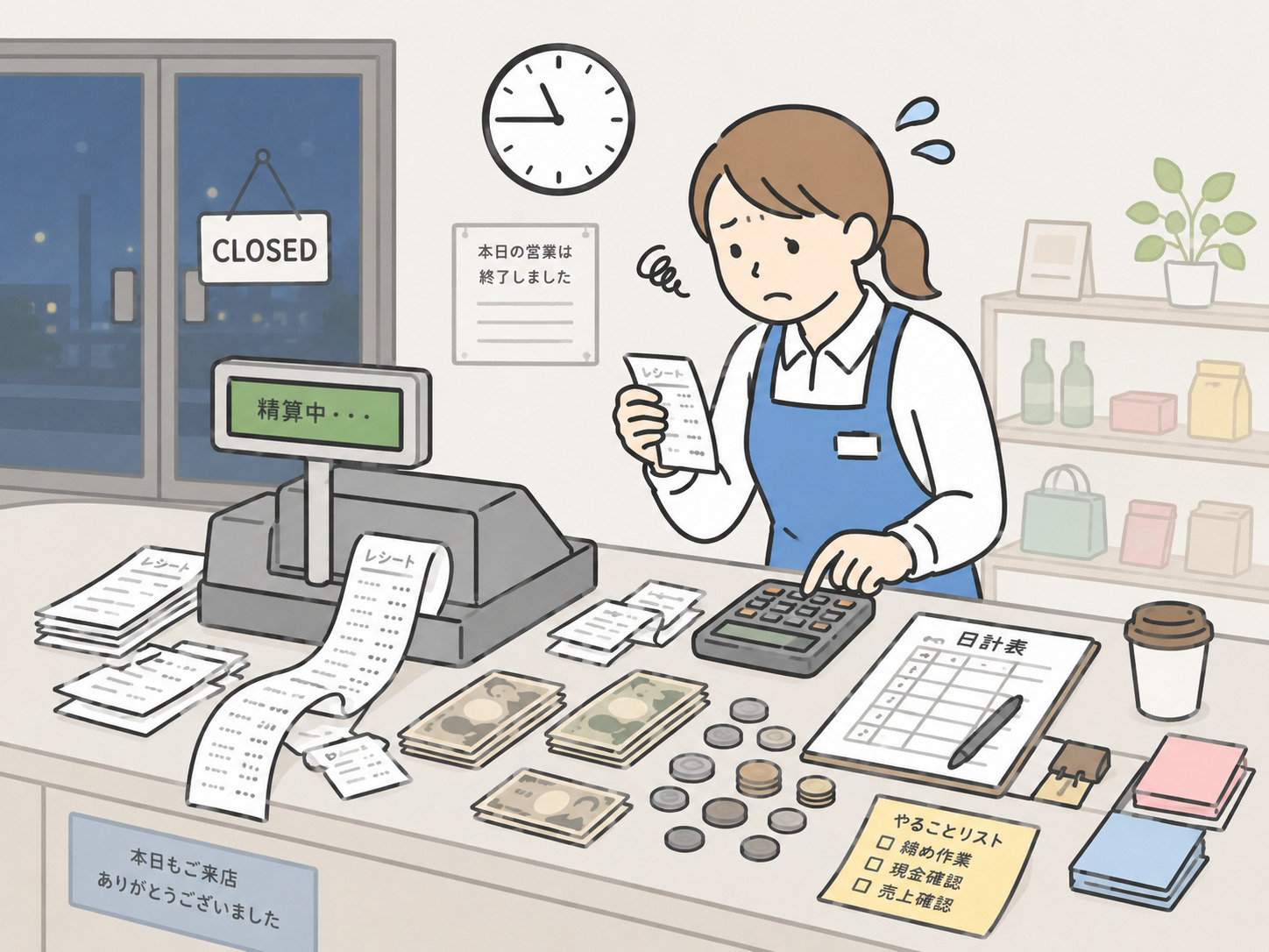 閉店後に締め作業で困っている店舗スタッフ