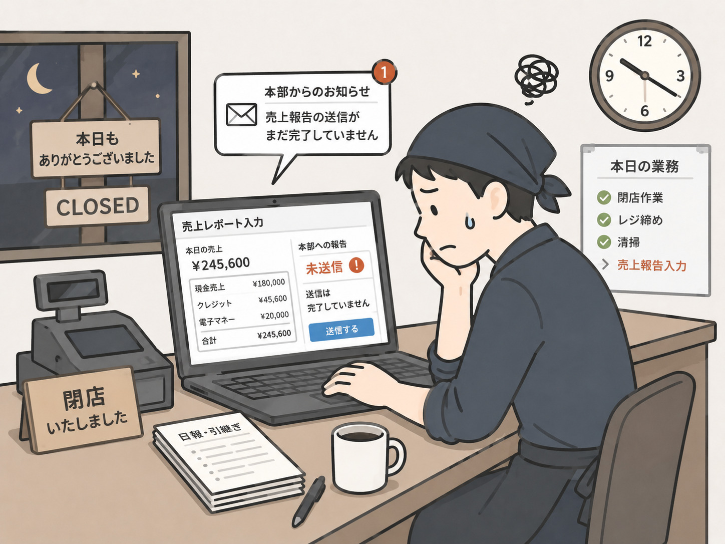データ入力・売上報告に時間を取られるイメージ