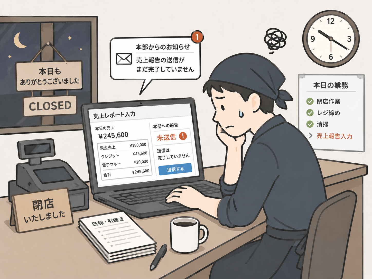 データ入力・売上報告に時間を取られるイメージ